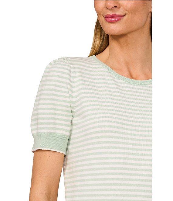 CeCe Knit Striped Crew Neck Short Puff Sleeve Sweater Product Image