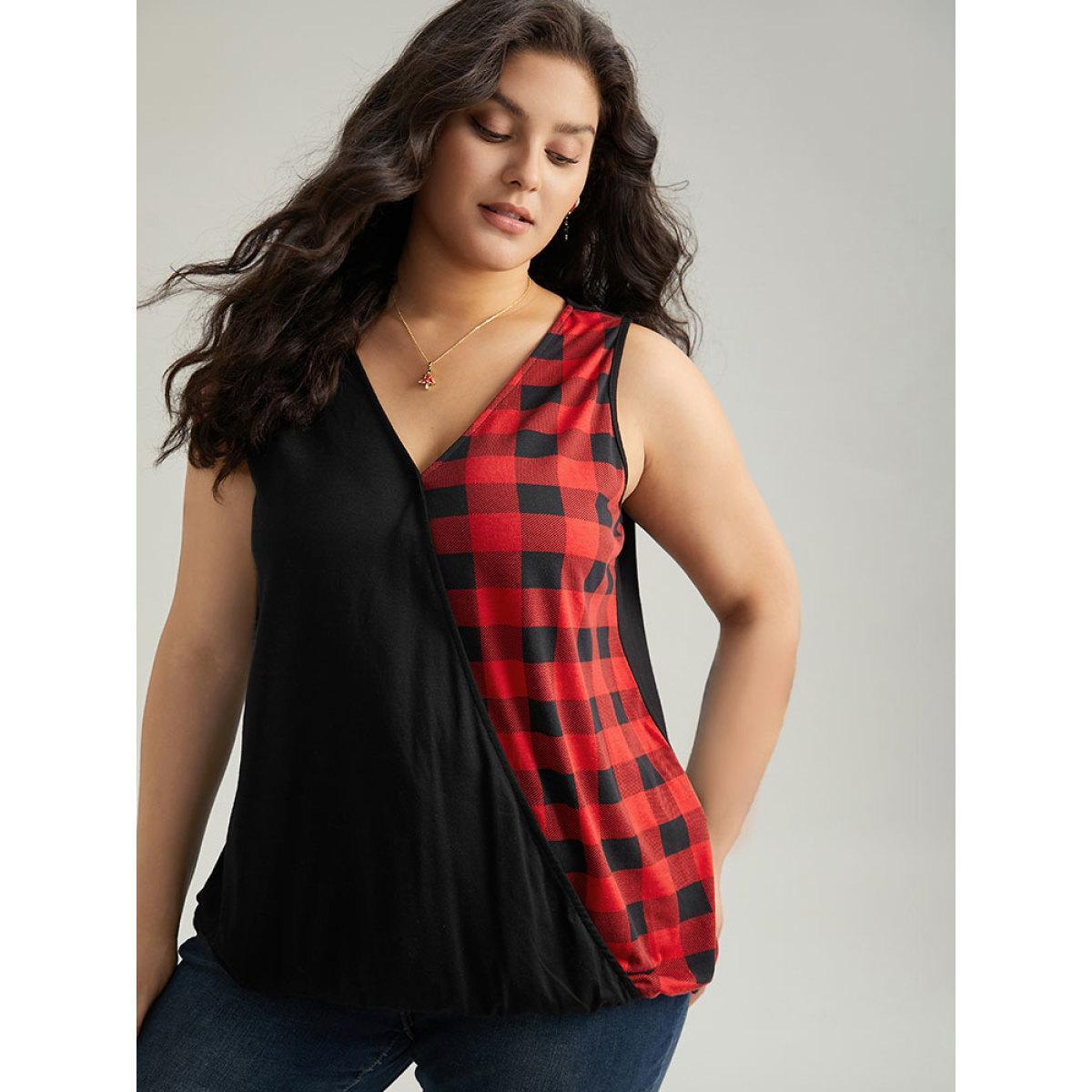 Plus Size V Neck Plaid Patchwork Contrast Tank Top Women Black Casual Contrast V-neck Festival-Christmas Tank Tops Camis BloomChic 12/L Product Image