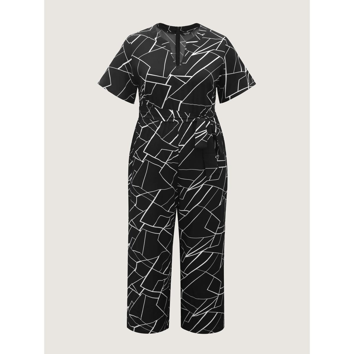 Plus Size Black Geometric Print Waist-Defining Belted Jumpsuit Women Short sleeve Flat collar with V-notch Work Loose Jumpsuits BloomChic 26/4X Product Image