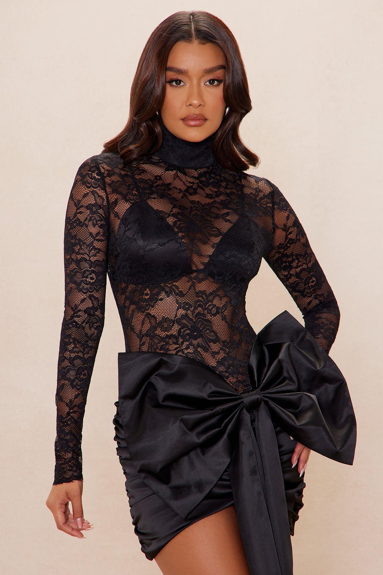 Vera Bow Lace Mini Dress - Black Product Image