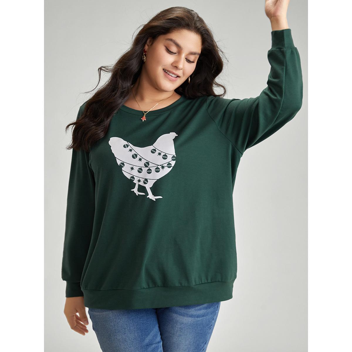 Plus Size Christmas Animal Print Crew Neck Sweatshirt Women DarkGreen Casual Printed Festival-Christmas Sweatshirts BloomChic 18-20/2X Product Image