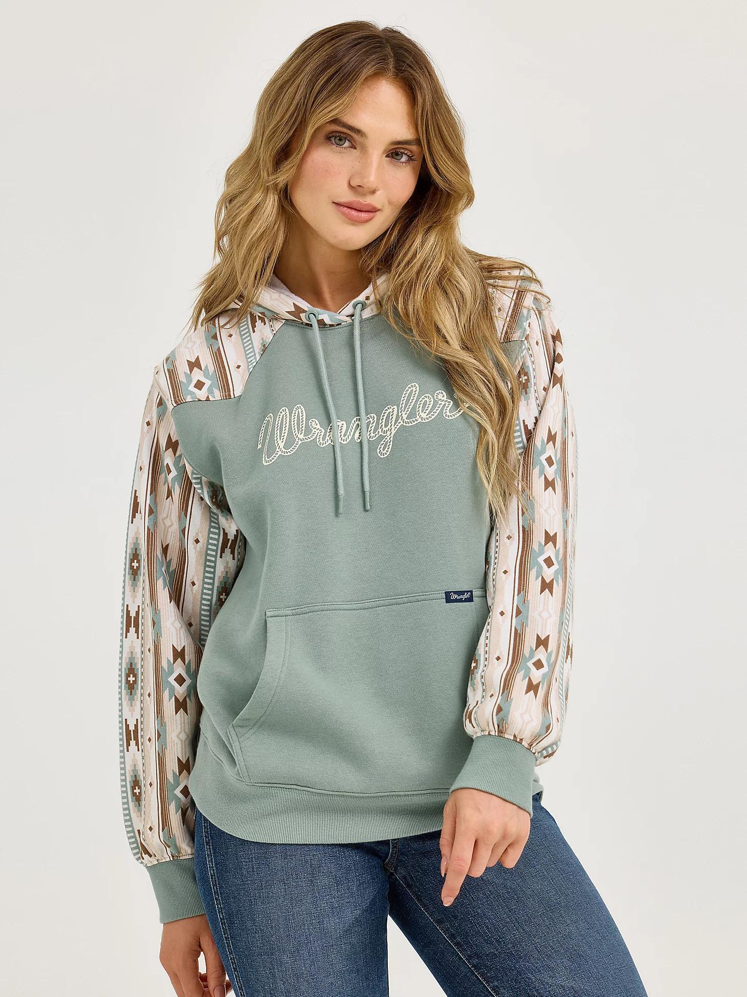Women's Wrangler Logo Southwestern Yoke Pullover Hoodie | Women's TOPS | Wrangler® Product Image