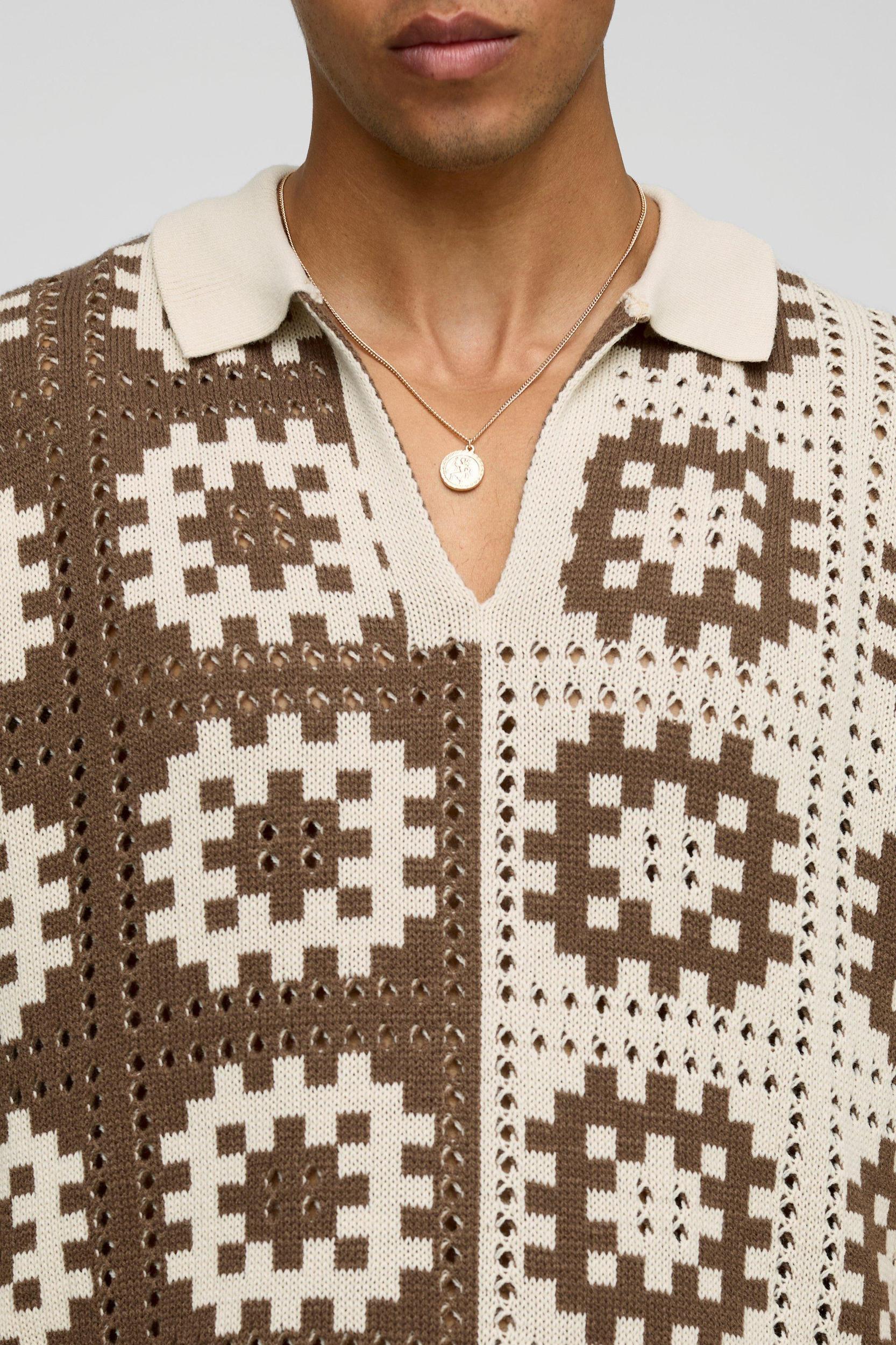 Oversized Boxy Crochet Knitted Polo | boohooMAN USA Product Image