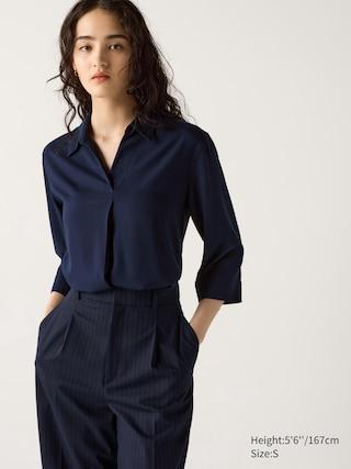 Womens Rayon Skipper Collar Blouse 3/4 Sleeve Navy XL UNIQLO US Product Image