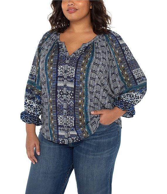 Liverpool Los Angeles Plus Size Woven Printed Split V-Neck 3/4 Sleeve Button-Front Blouse Product Image