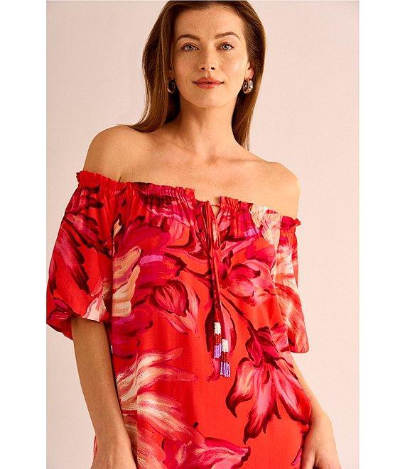 Vince Camuto Woven Floral Print Off-The-Shoulder 3/4 Sleeve Beaded Tiered Shift Dress Product Image