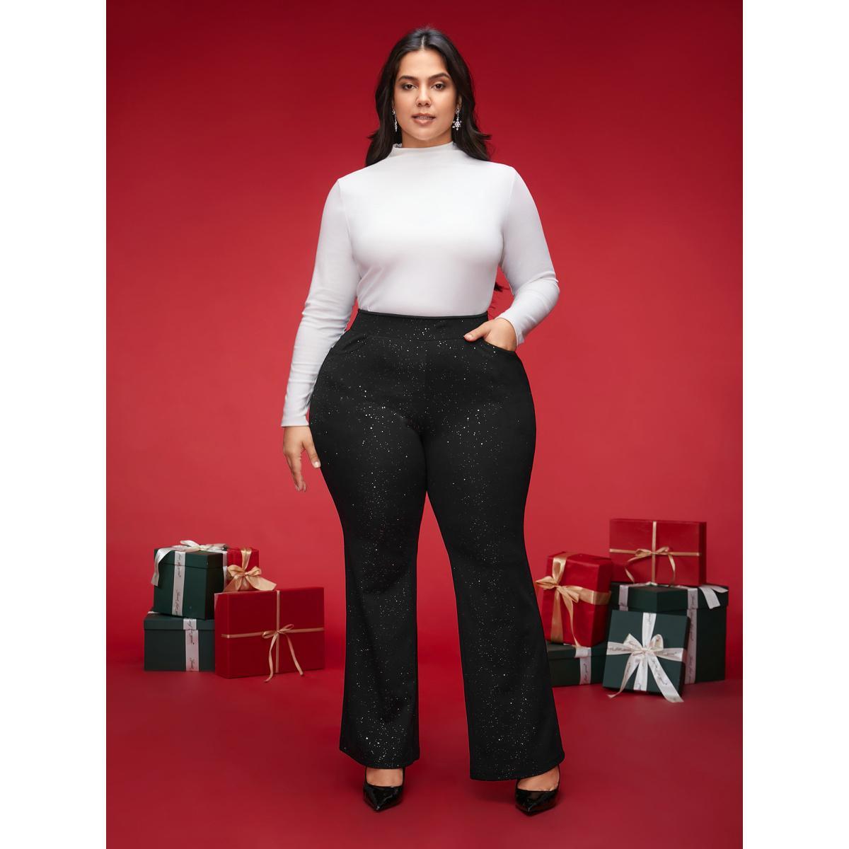 Plus Size Sparkle Details Mid Rise Flared Pants Women Black Formal Bootcut Mid Rise Party Pants BloomChic 22-24/3X Product Image