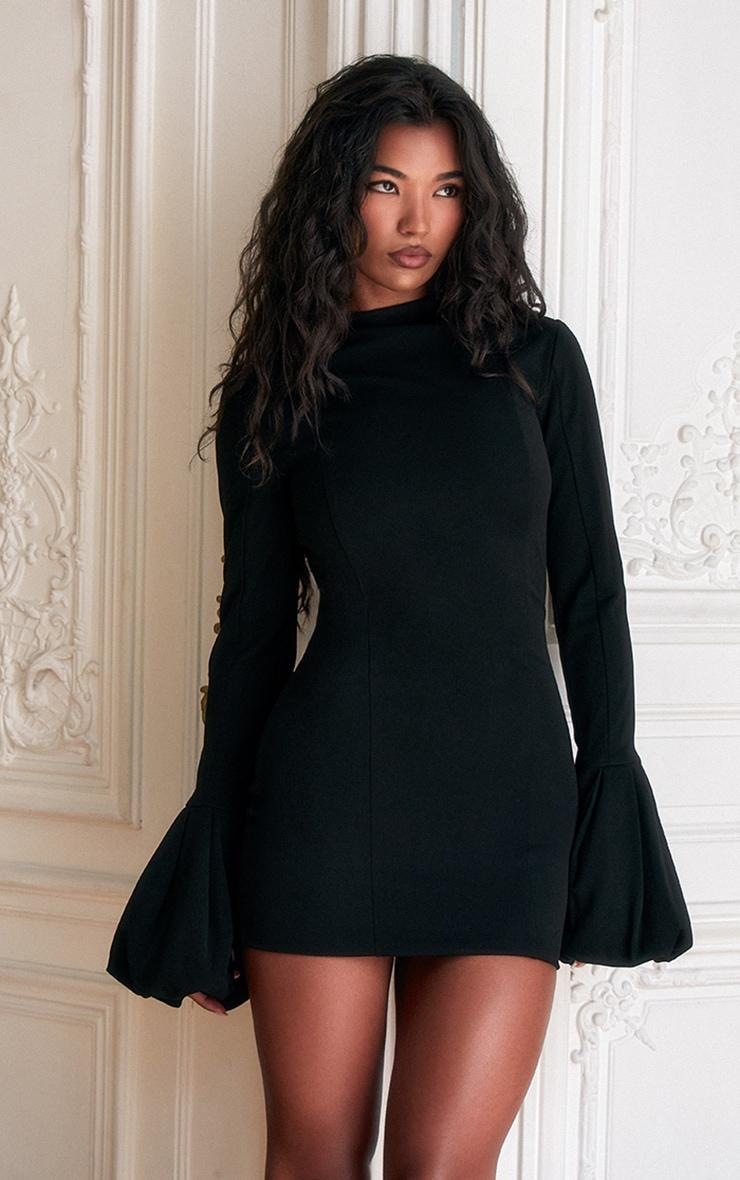 PLT Label Black High Neck Puff Sleeve Bodycon Dress Product Image