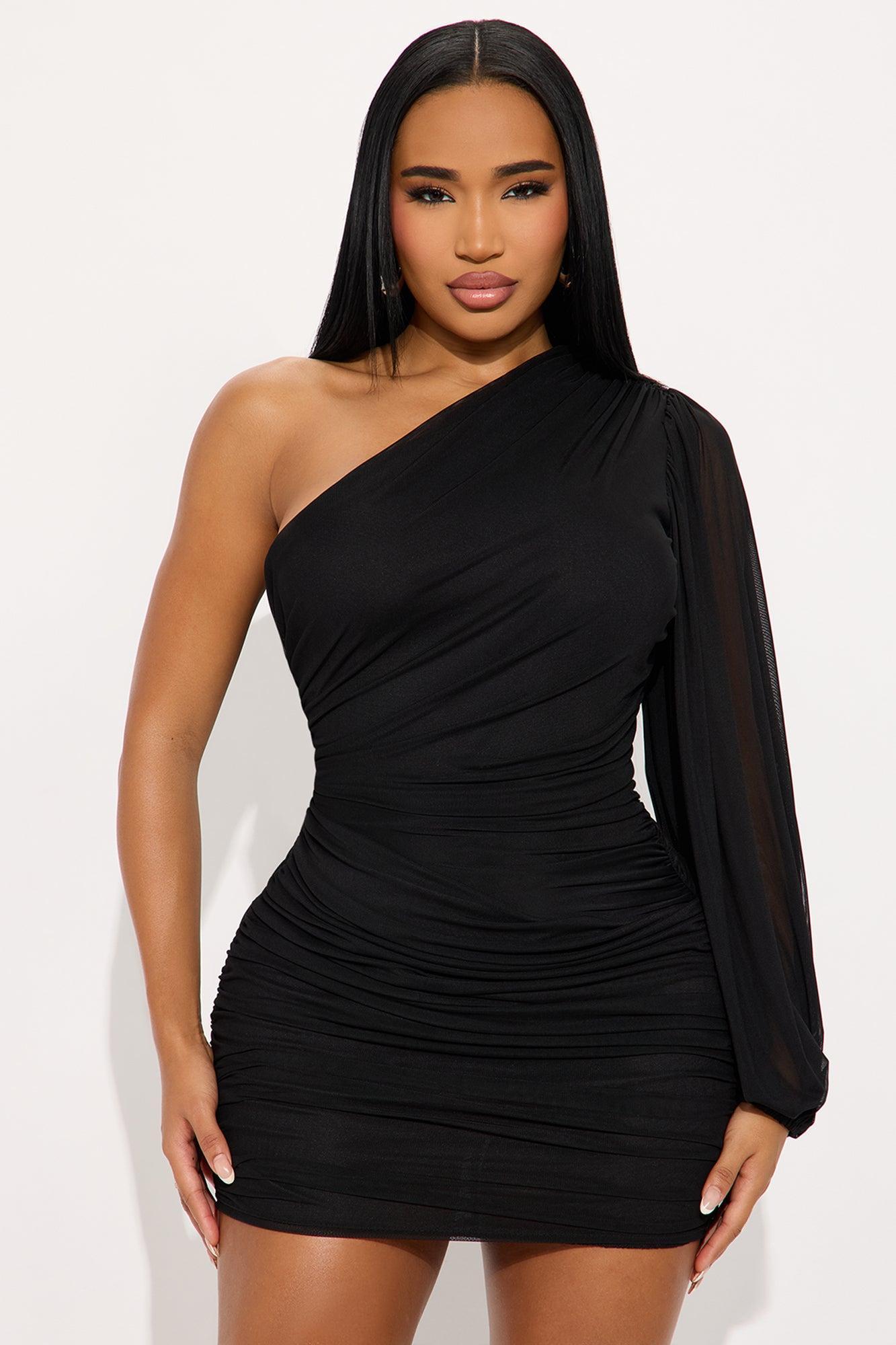 Ashley One Shoulder Mesh Mini Dress - Black Product Image