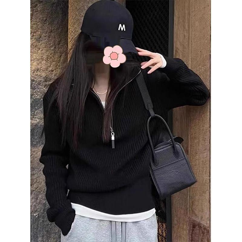 Turtleneck Plain Half Zip Ribbed Knit Sweater Product Image