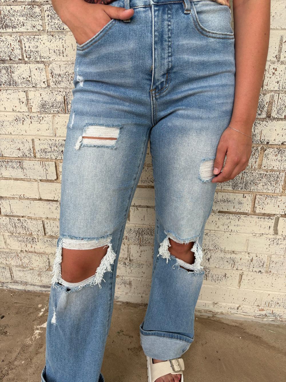 L&B Light Wash High Rise Distressed Bootcut Jeans Product Image