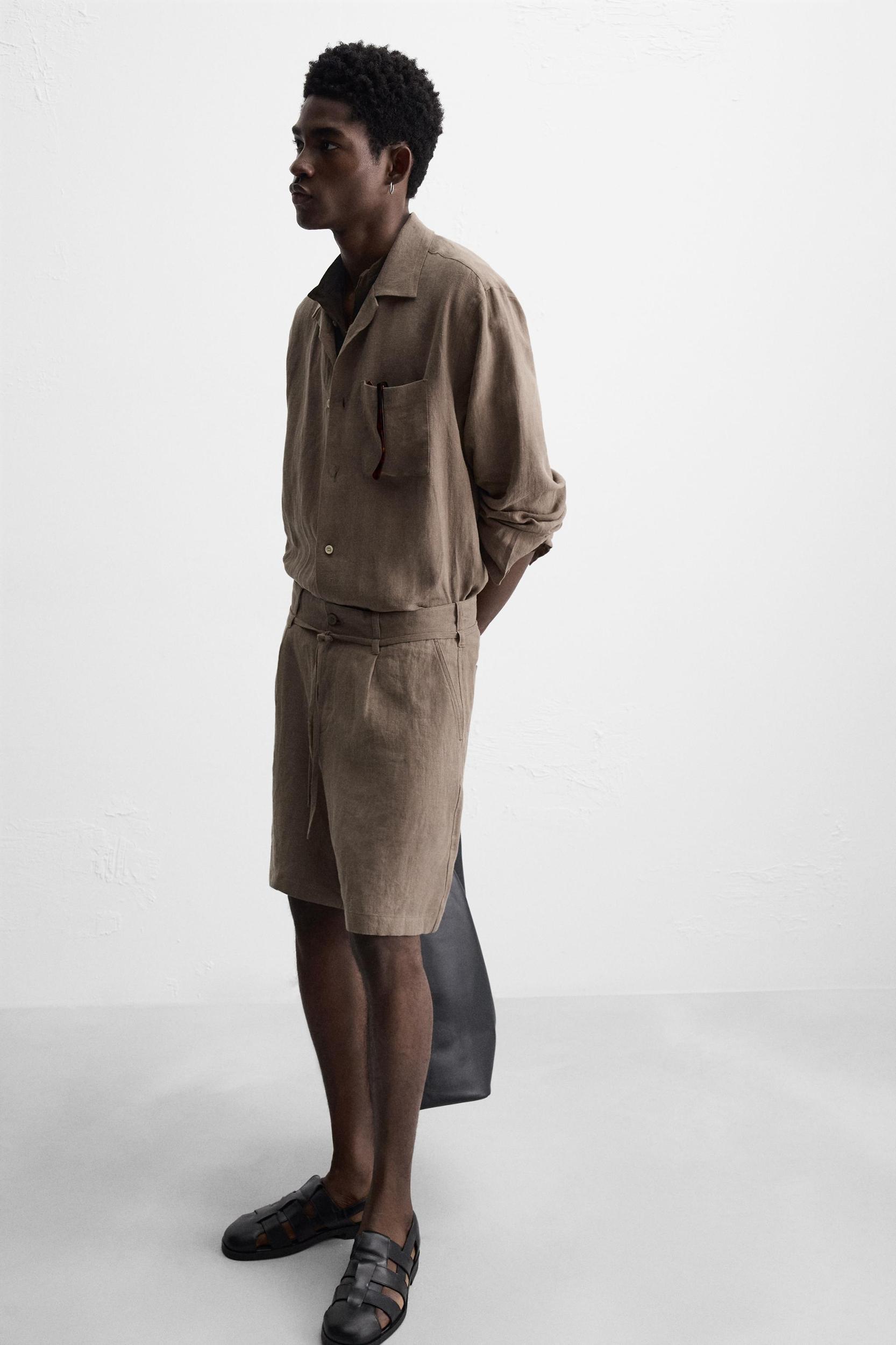 100% LINEN BELTED BERMUDA SHORTS Product Image