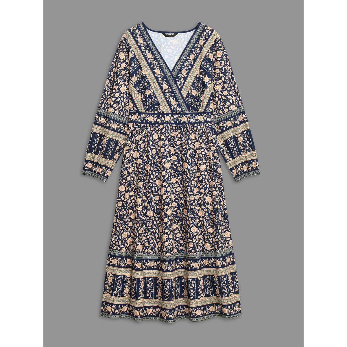 Plus Size Surplice Neck Boho Print Elastic Waist Dress Indigo Women Resort Non Overlap Collar Long Sleeve Curvy BloomChic 22-24/3X Product Image