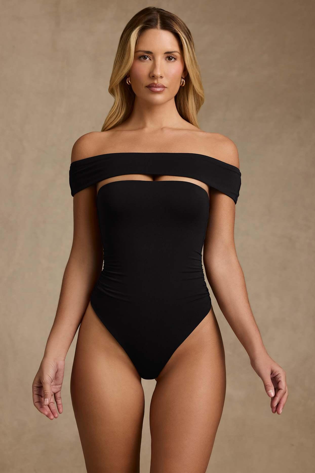 Modal Cut-Out Off-Shoulder Bodysuit in Black Product Image