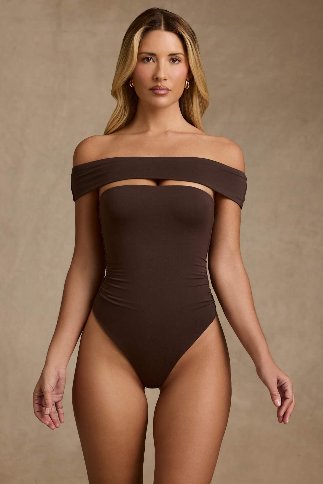 Modal Cut-Out Off-Shoulder Bodysuit in Chocolate Brown Product Image
