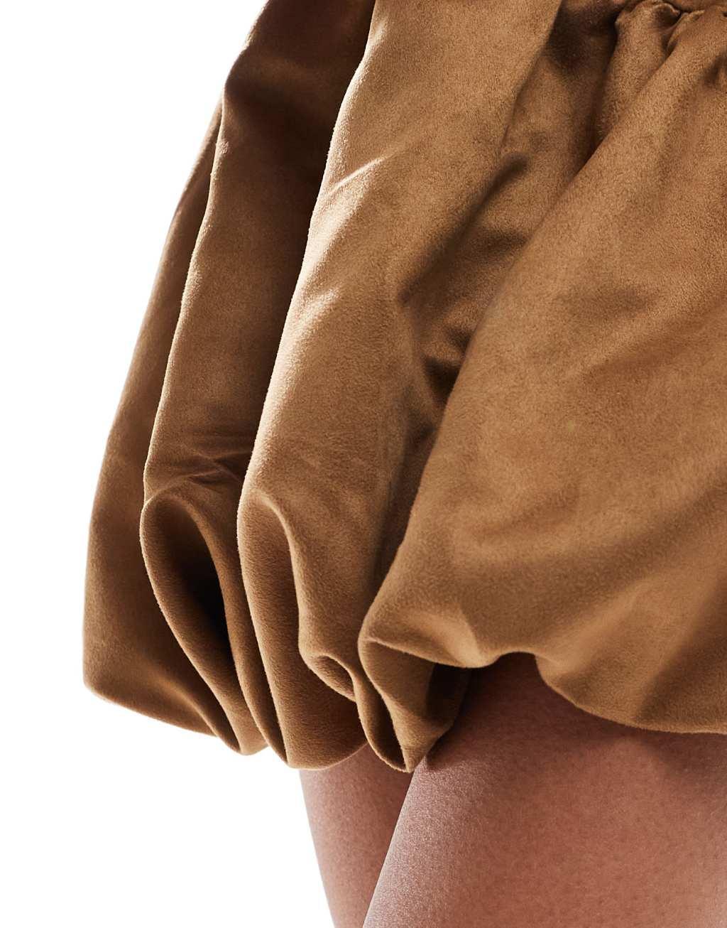 ASOS DESIGN suedette puffball mini dress in tan Product Image