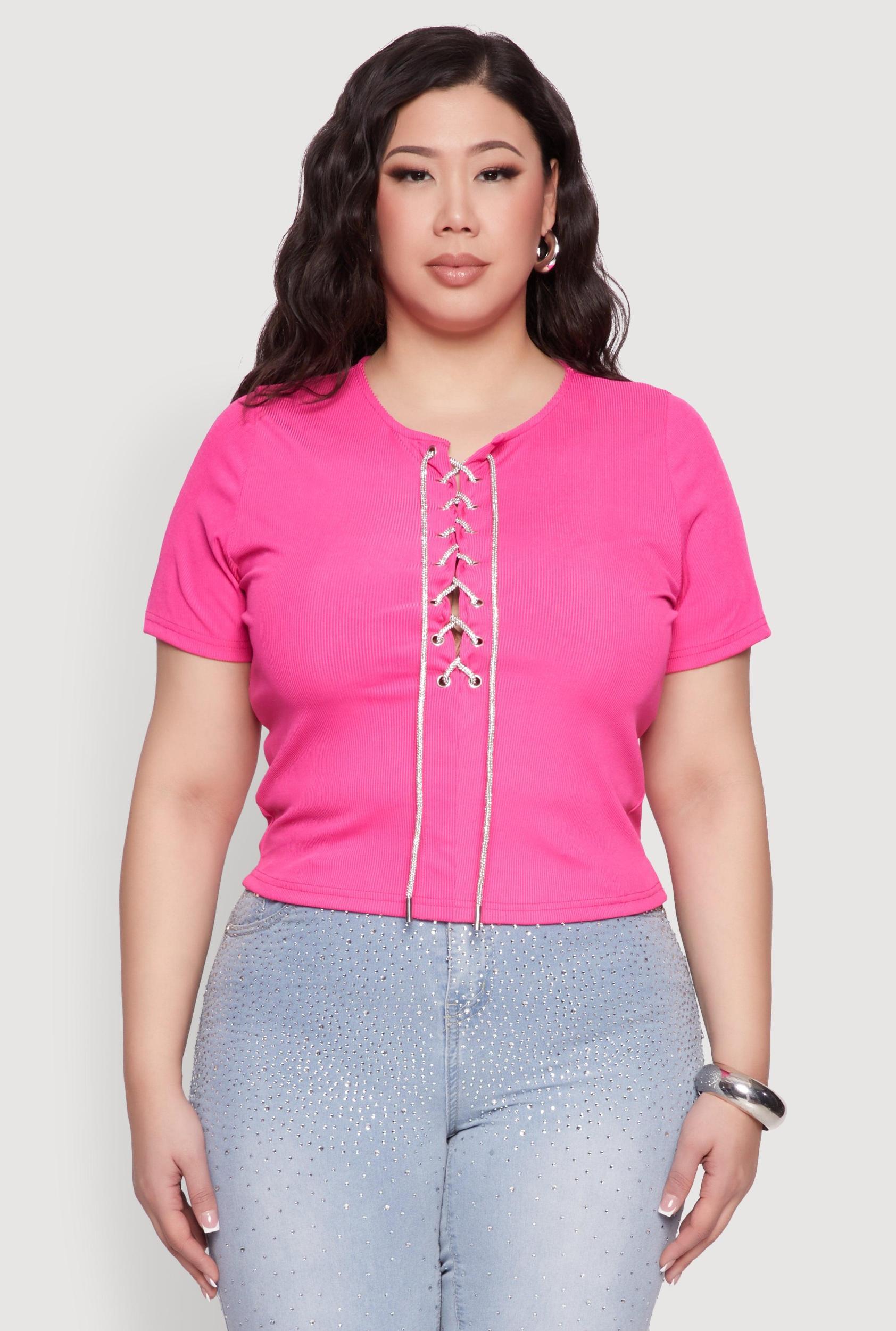 Womens Plus Size Rhinestone Lace Up Short Sleeve Top Product Image