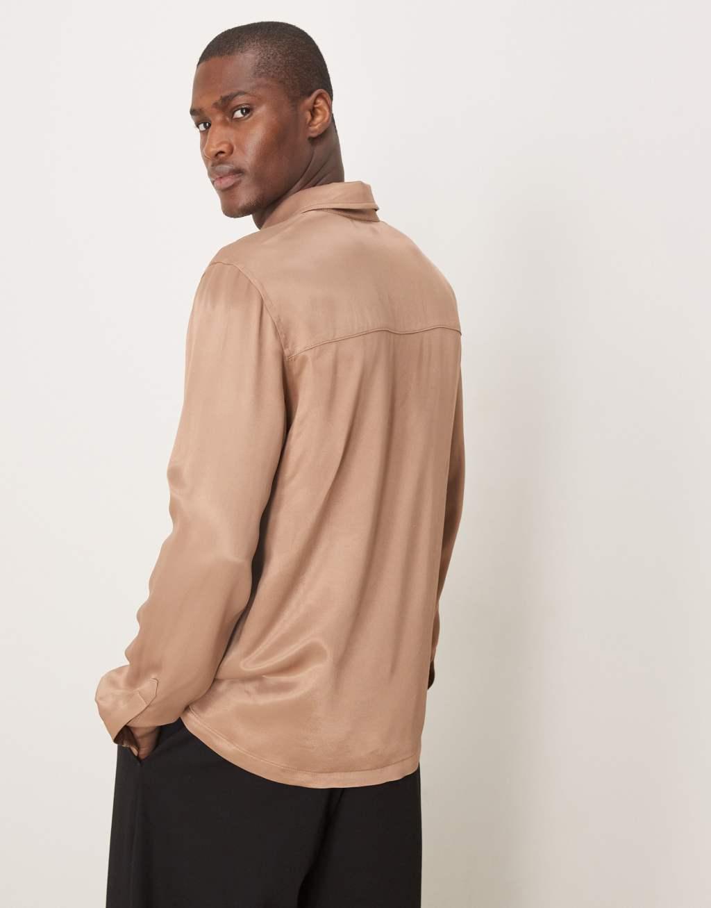 ASOS DESIGN slim fit satin shirt in brown Product Image