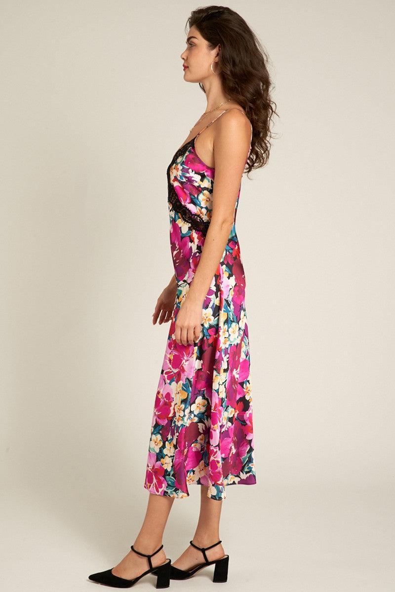 Floral Satin Midi Dress with Lace Trim Product Image