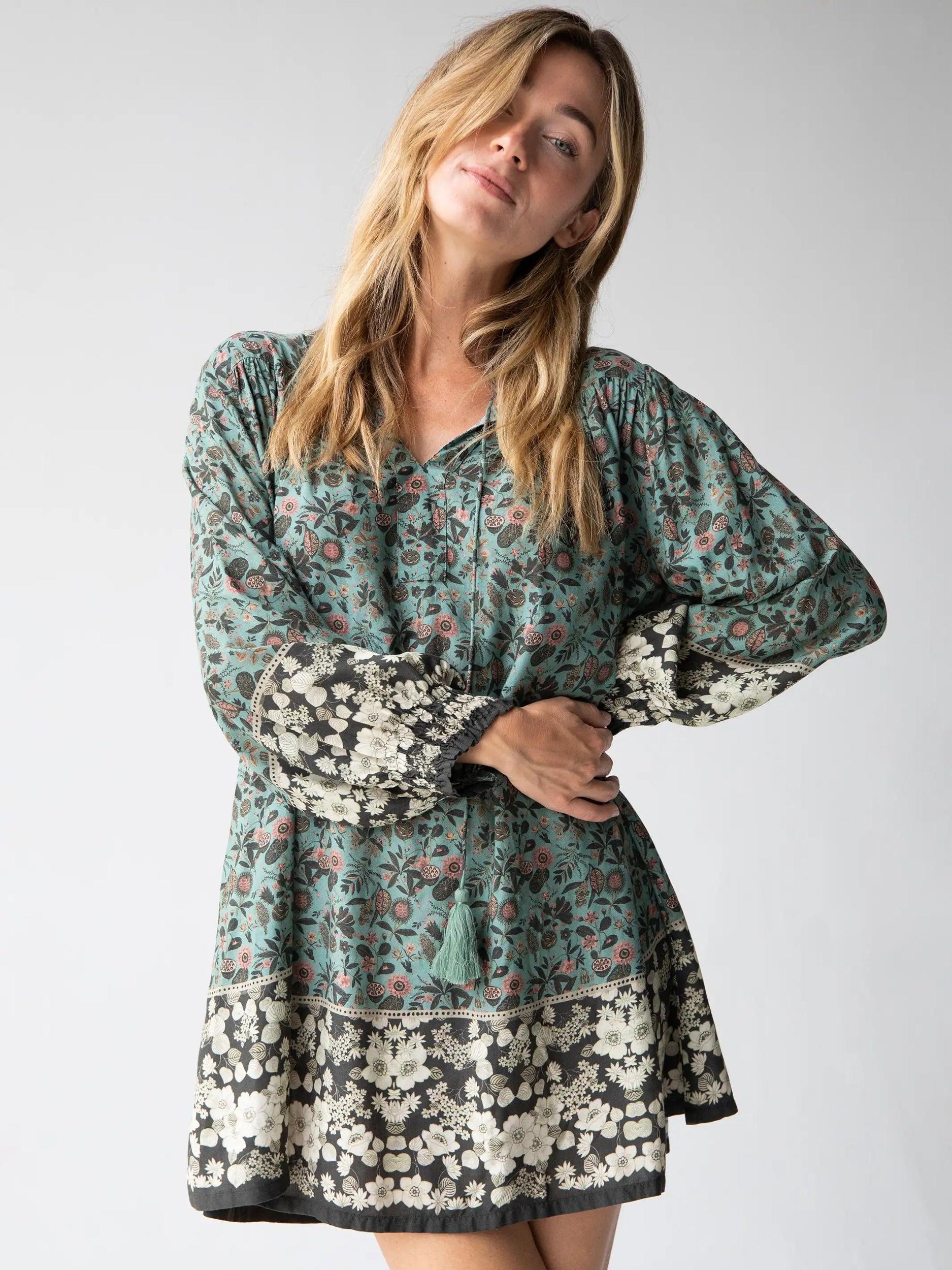 Dara V-Neck Tunic Dress - Sage Black Floral Border Product Image