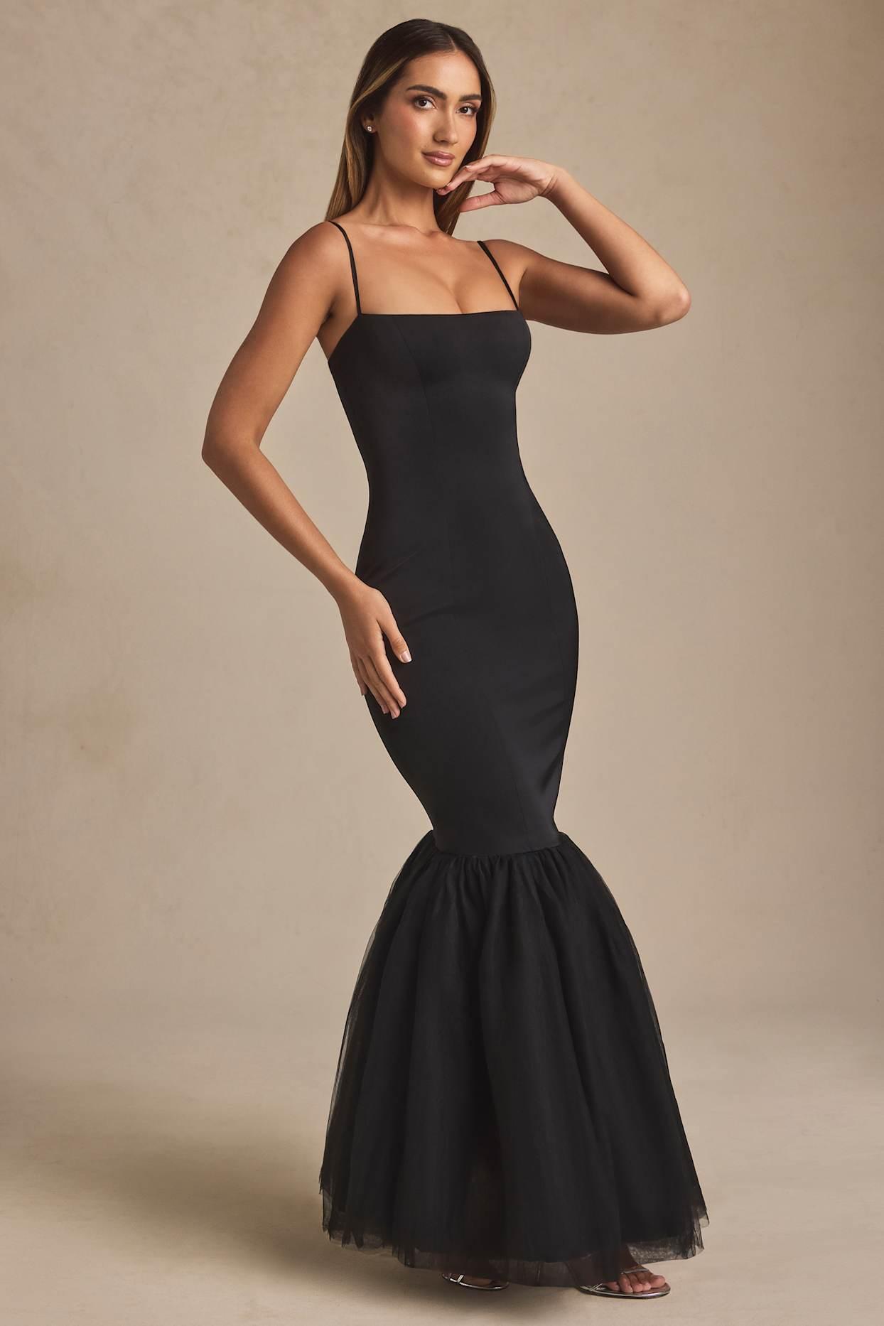 Tulle Hem Fishtail Gown in Black Product Image