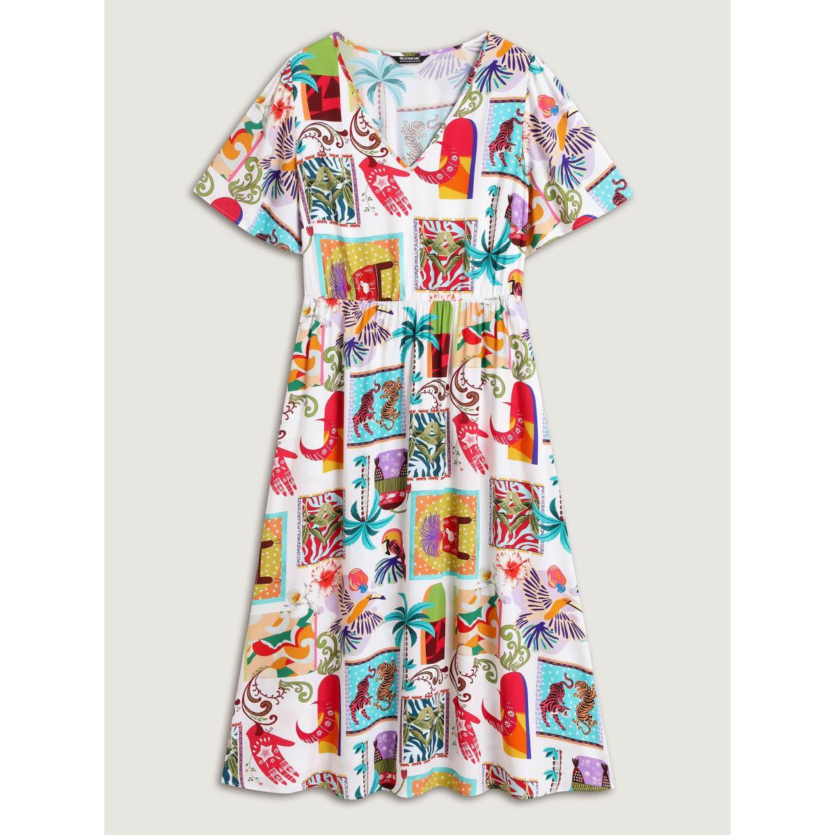 Plus Size Tropical Collage Print Pockets Midi Dress Multicolor Women V-neck Short sleeve Curvy BloomChic 12/L Product Image