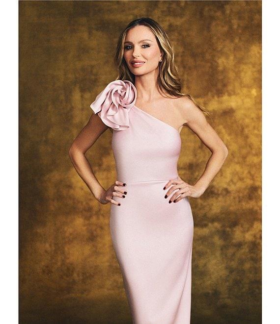 Muse by Marchesa Rhoda Luxe Satin One Shoulder Neck Sleeveless Rosette Pencil Midi Dress Product Image