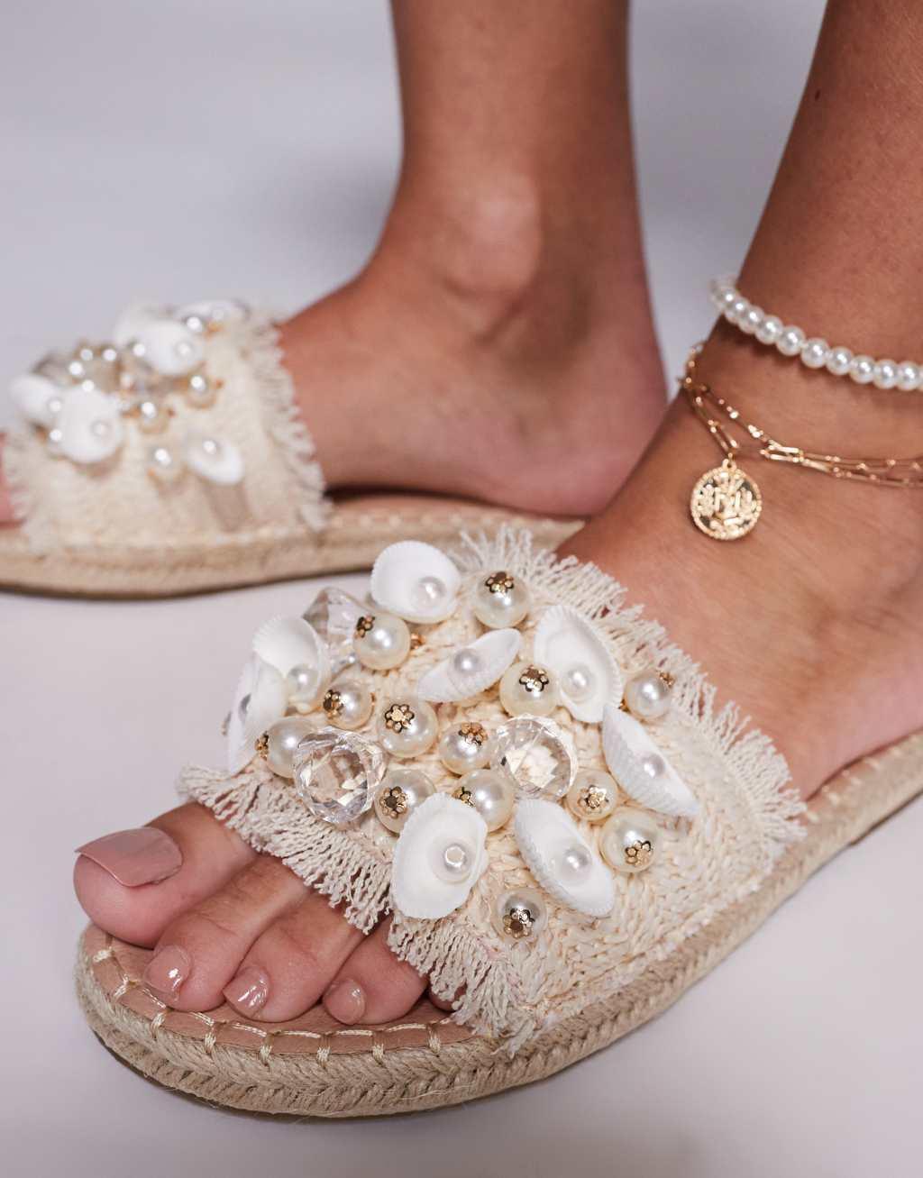 South Beach Espadrille embellished Pearl & Shell Sandal in natural Product Image