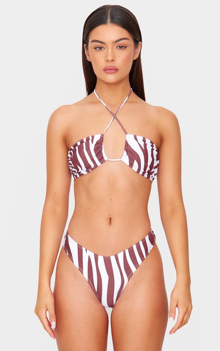 Brown Zebra Print Halter Tie Bikini Top Product Image
