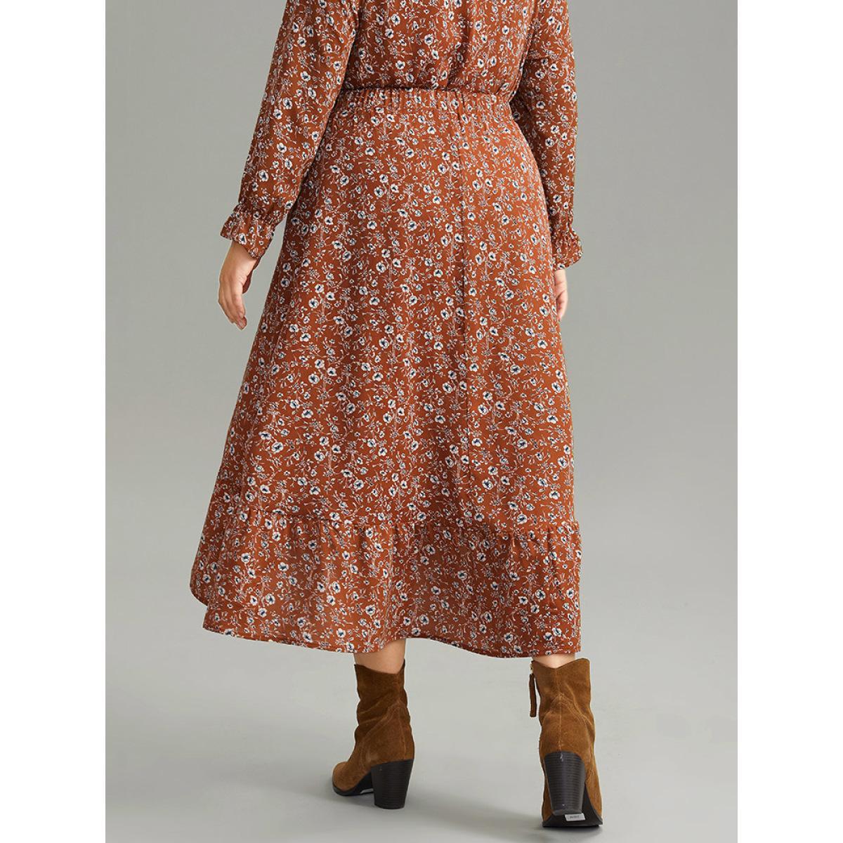 Plus Size Ditsy Floral Pocket Elastic Waist Skirt Women Rust Elegant Elastic Waist No stretch Pocket Everyday Skirts BloomChic 28/5X Product Image