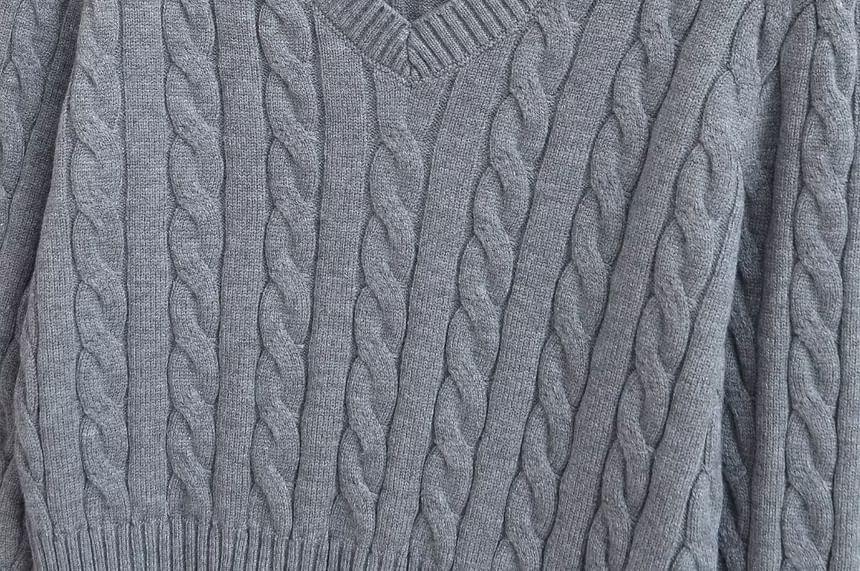 V-Neck Cable Knit Plain Crop Sweater Product Image
