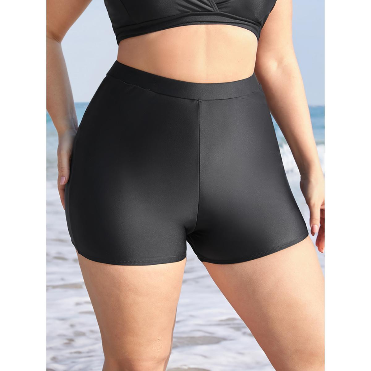 Plus Size Plain Elastic Waist Swim Shorts Women's Swimwear Black Beach Non High stretch Skinny High Rise Curve Swim Bottoms BloomChic 12/L Product Image