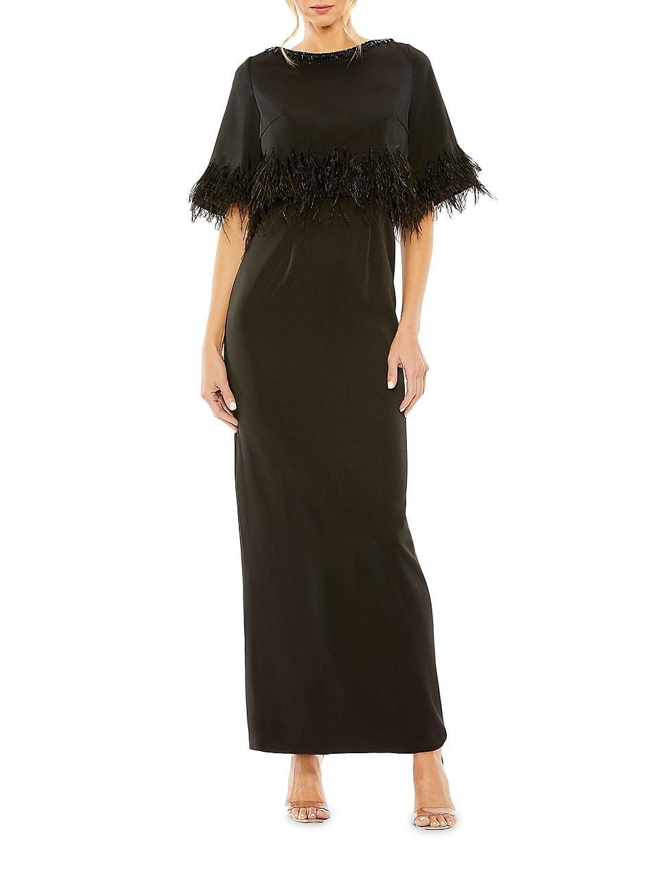 Womens Sating Feather-Trimmed Cape Maxi Dress Product Image