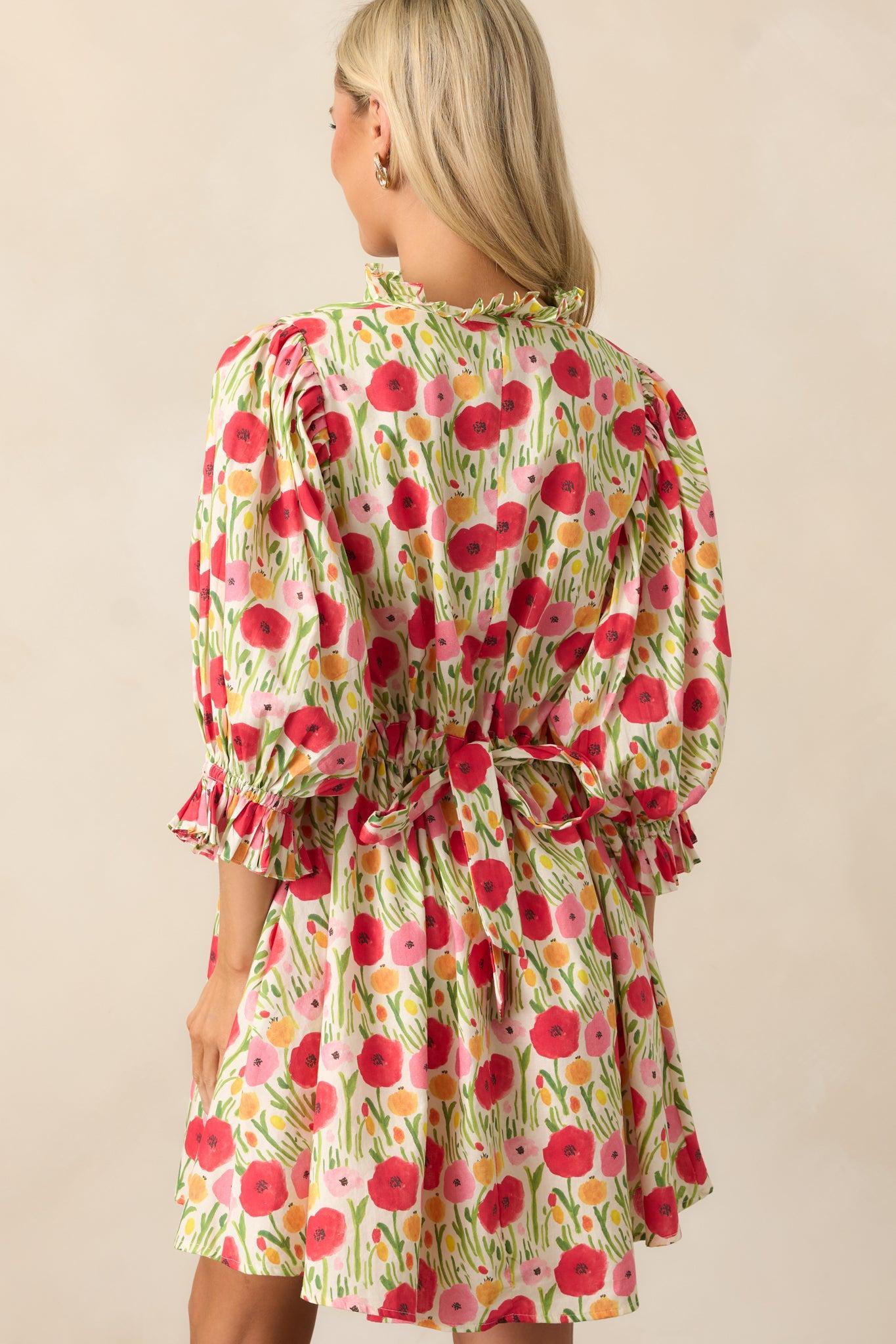 Rose Garden Cotton Red Floral Mini Dress Product Image