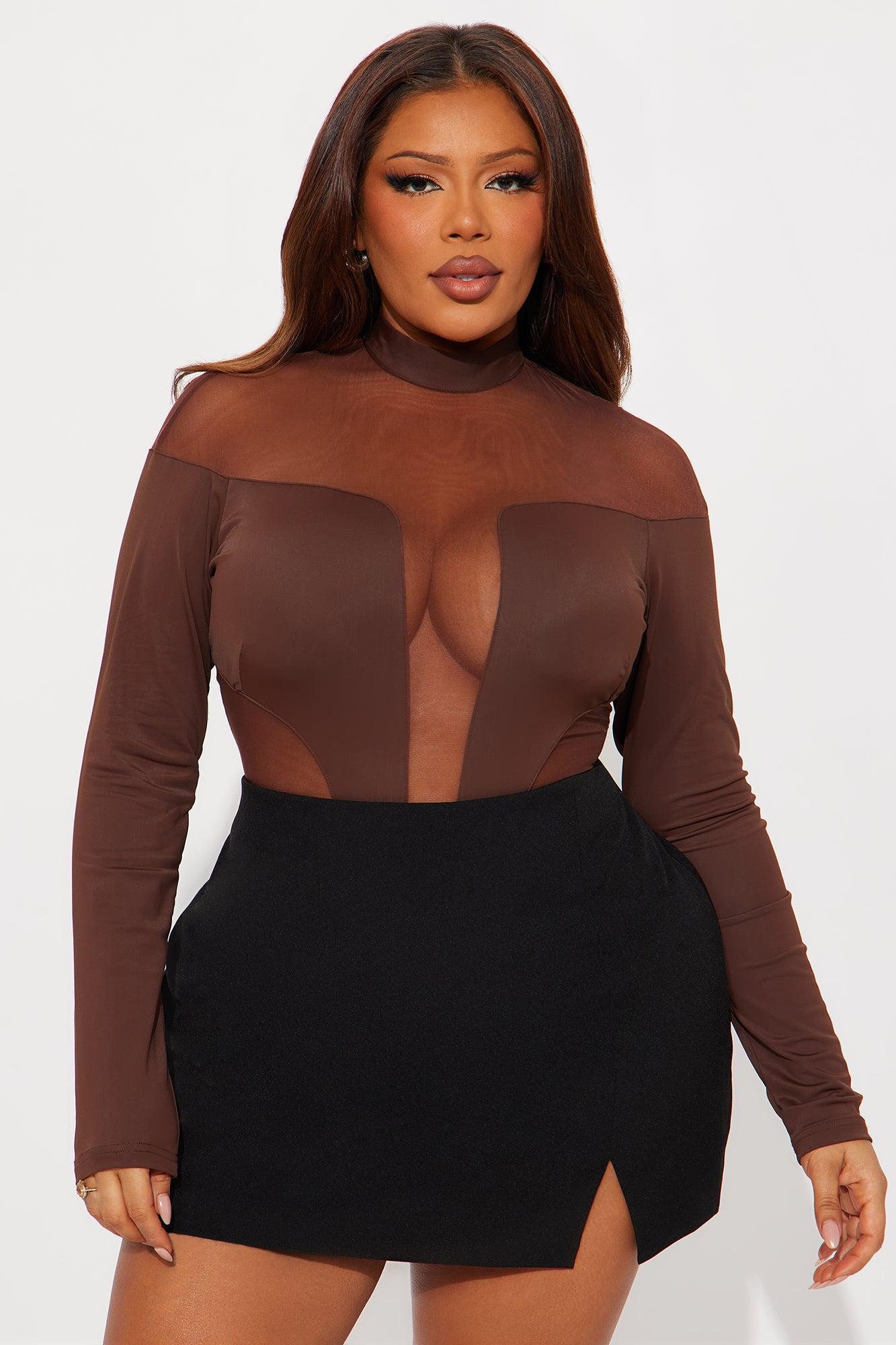 Zuri Mesh Cut Out Long Sleeve Bodysuit - Chocolate Female Product Image