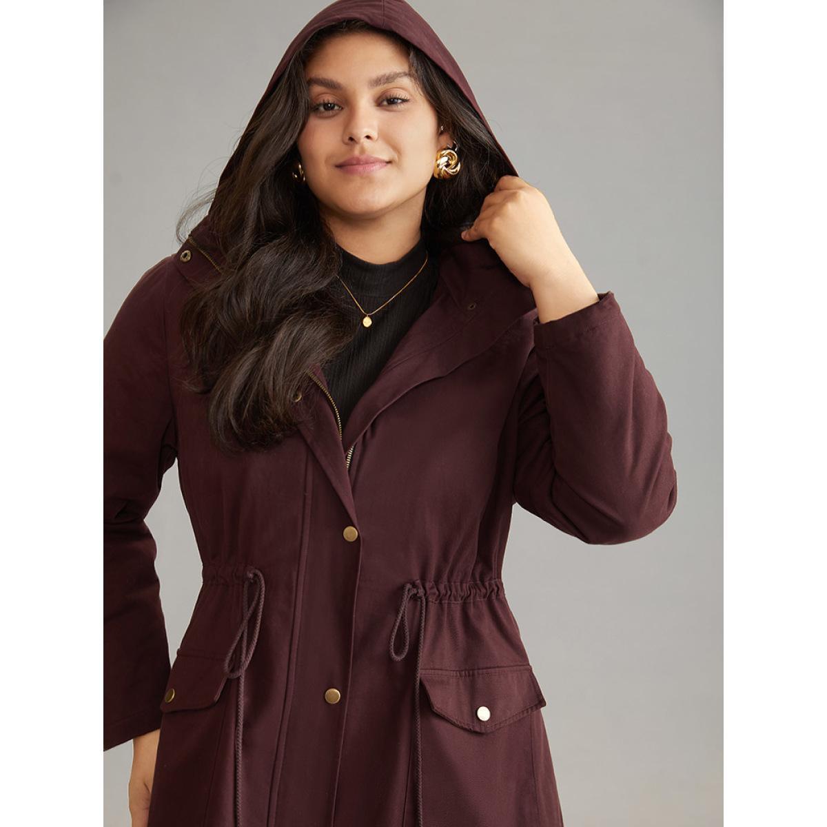 Plus Size Solid Zipper Drawstring Knot Flap Detail Coat Women Burgundy Casual Lined Ladies Dailywear Winter Coats BloomChic 10/M Product Image