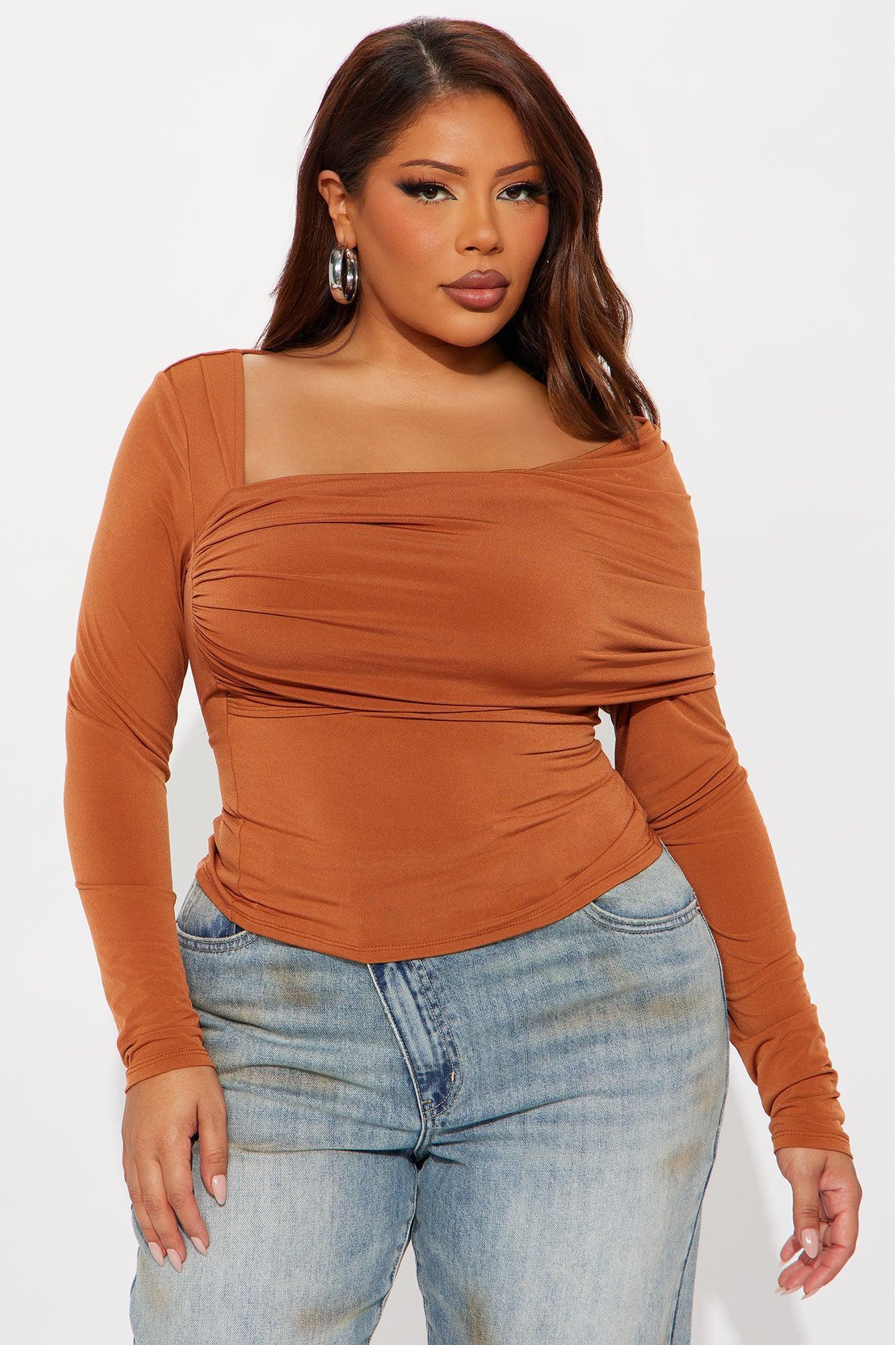 Modern Art Long Sleeve Ruched Top - Camel Product Image
