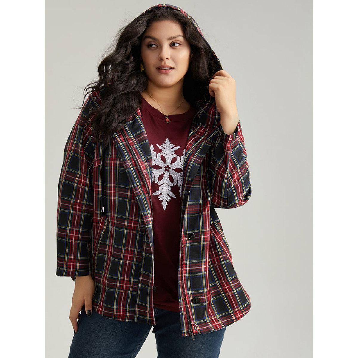 Plus Size Plaid Slant Pocket Hooded Coat Women Multicolor Casual Contrast Ladies Dailywear Winter Coats BloomChic 12/L Product Image