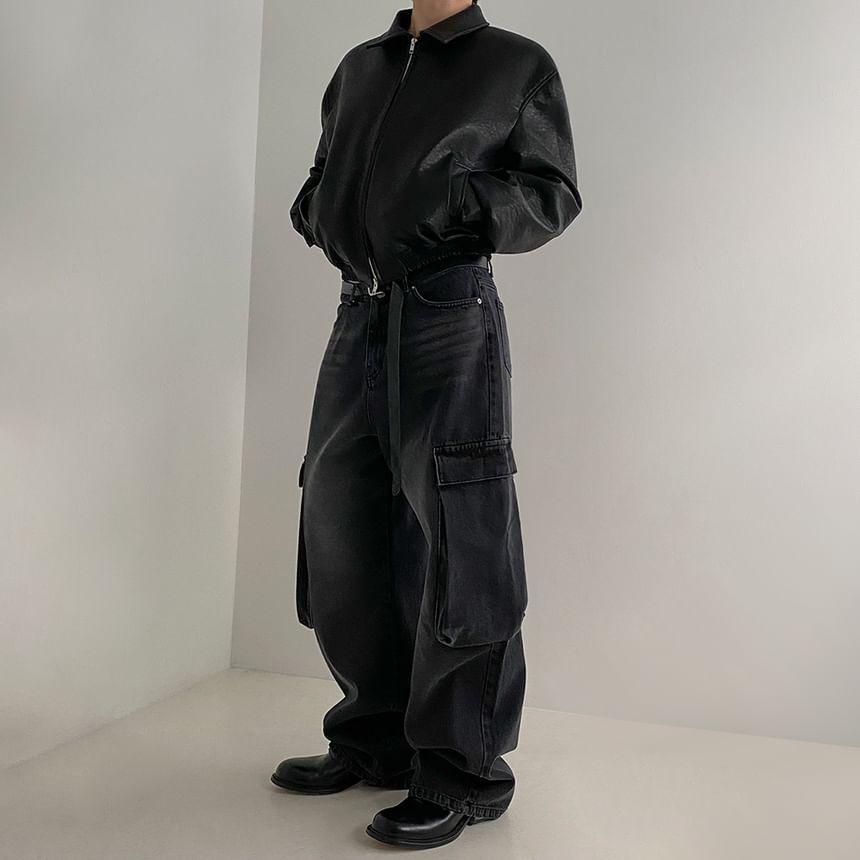 Collar Plain Faux Leather Zip Jacket Product Image