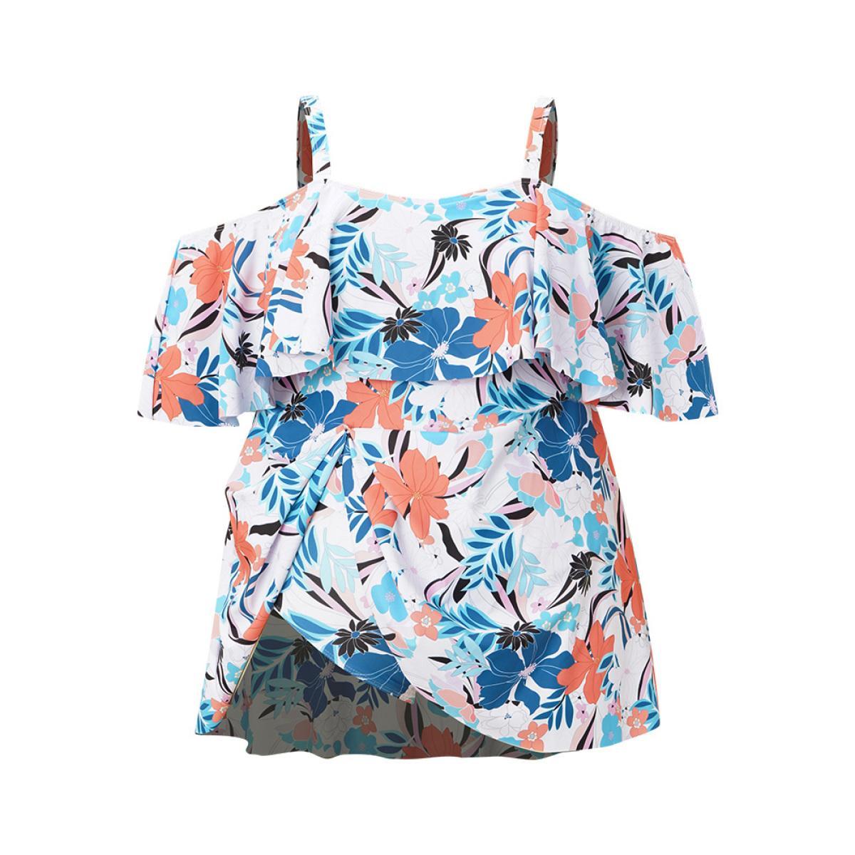 Plus Size Tropical Adjustable Straps Cold Shoulder Ruffles Trim Swim Dress Women's Swimwear Multicolor Beach Bodycon One-shoulder neck High stretch Curve Swim Dresses BloomChic 26/4X Product Image