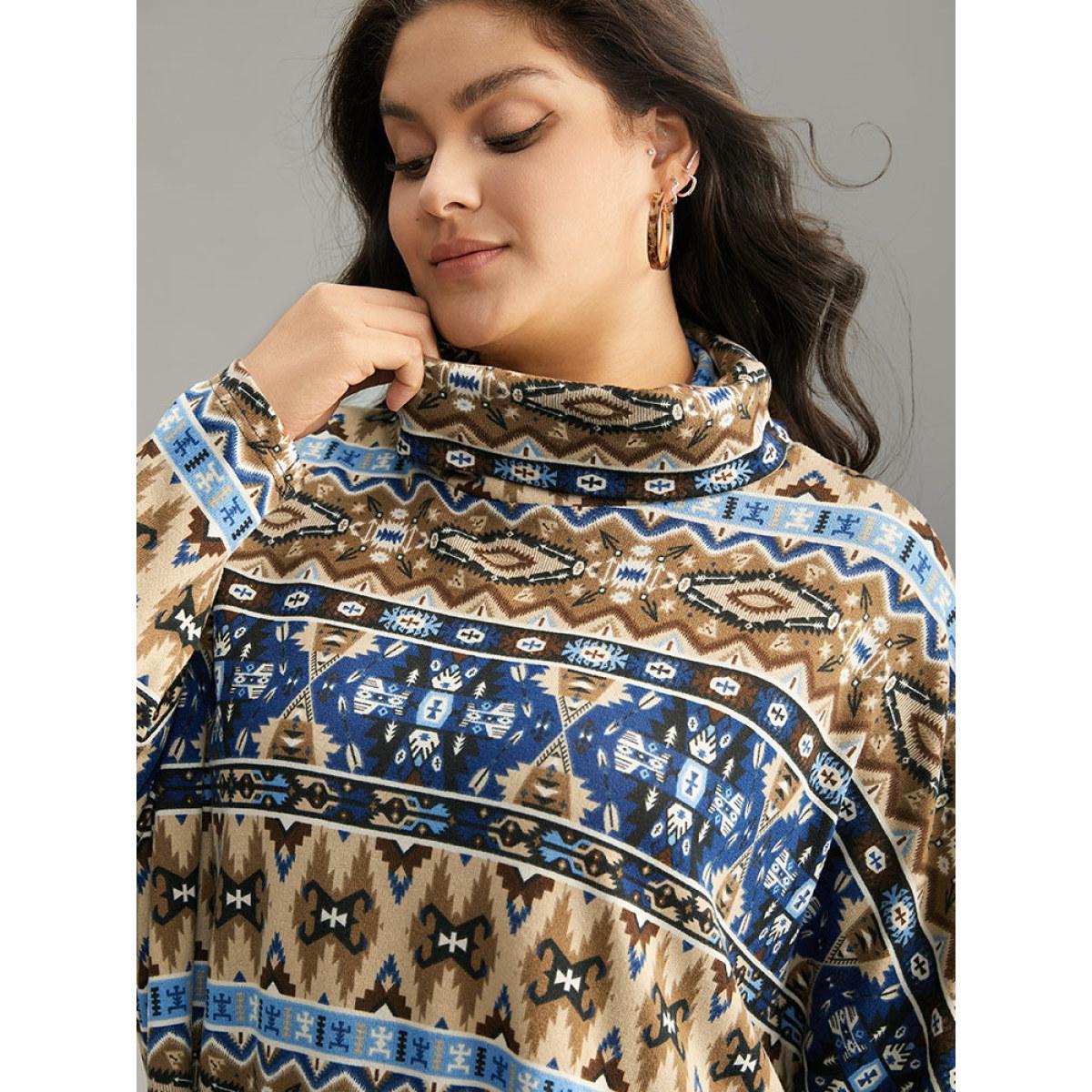 Plus Size Bandana Print Turtleneck Split Hem T-shirt Indigo Women Casual Printed Bohemian Print Turtleneck Dailywear T-shirts BloomChic 12/L Product Image