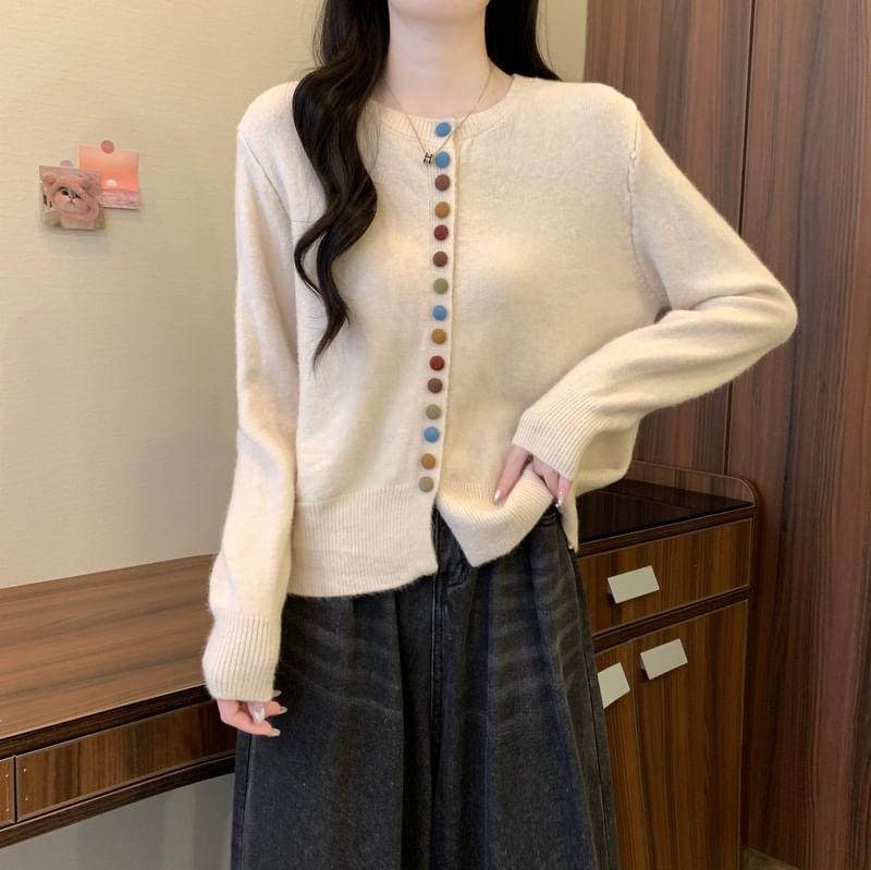 Crew Neck Plain Button-Up Cardigan Product Image