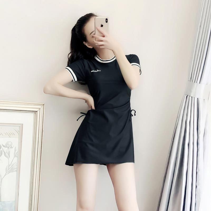 Short Sleeve Round Neck Lettering Print Striped Drawstring Swimdress Product Image
