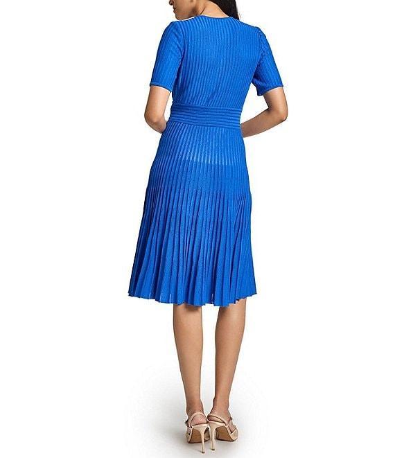 MISOOK Tonal Ribbed Knit V-Neck Short Sleeve Fit-And-Flare Pleated Dress Product Image