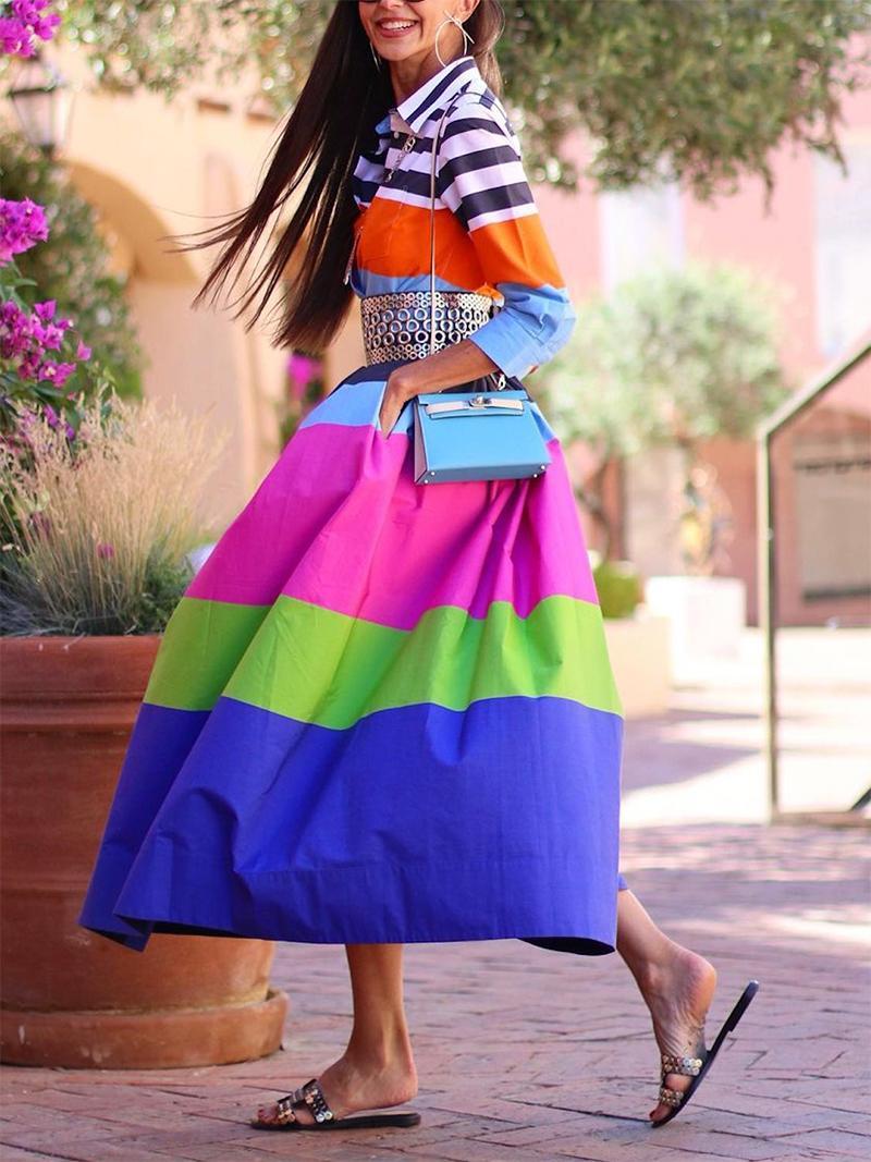 Loose Three-Quarter Sleeves Buttoned Contrast Color Striped Lapel Collar Midi Dresses Product Image