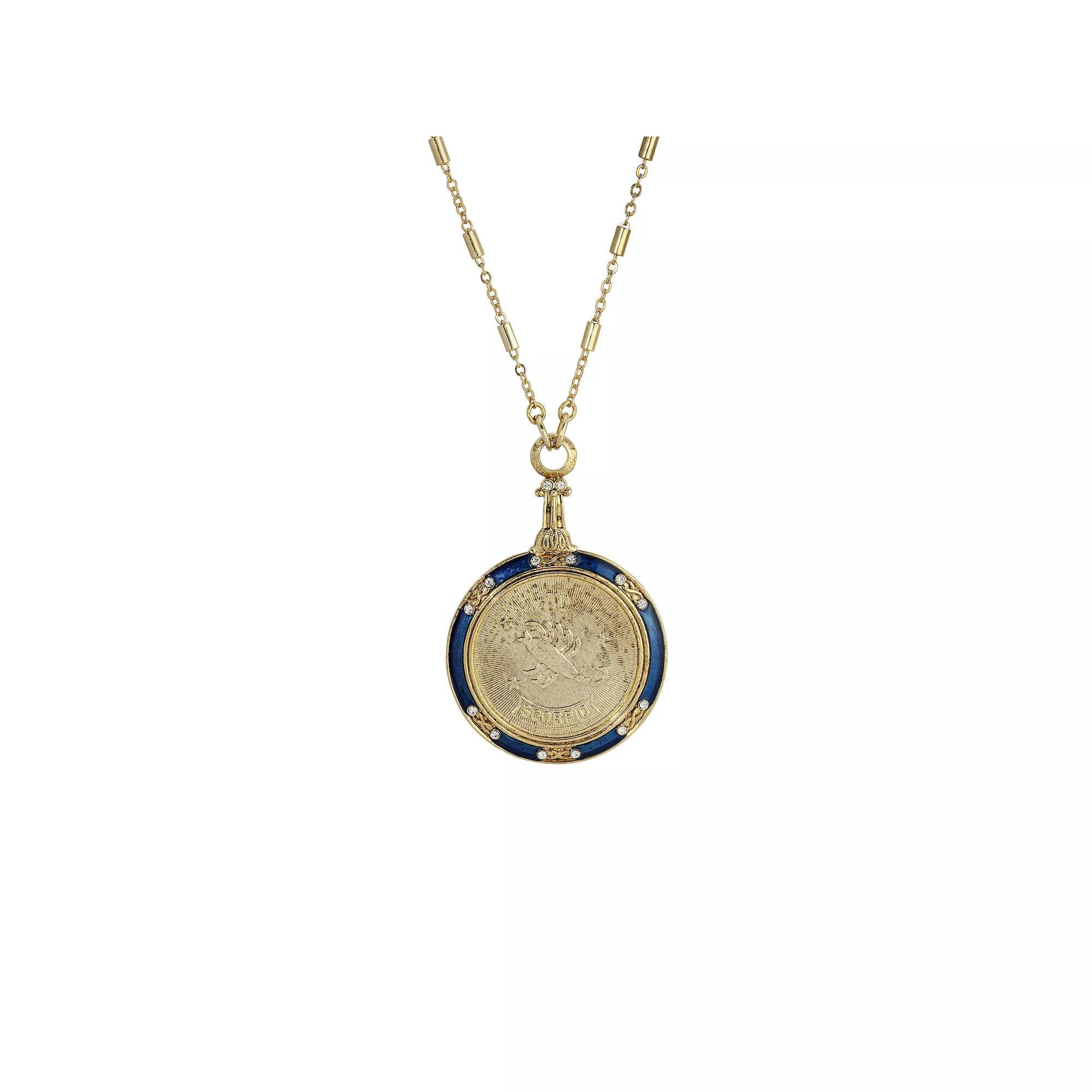 1928 Gold Tone Blue Enamel & Clear Crystal Zodiac Pendant Necklace, Womens, Scorpio Product Image
