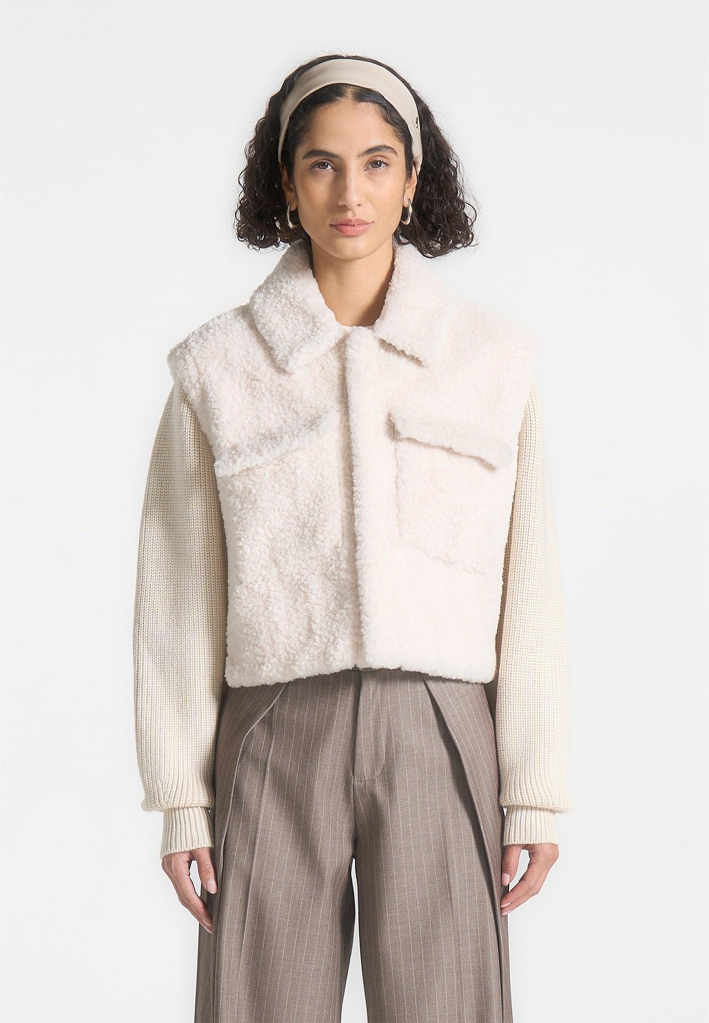 Plush Jacket With Knitted Sleeves - Cream Female Product Image