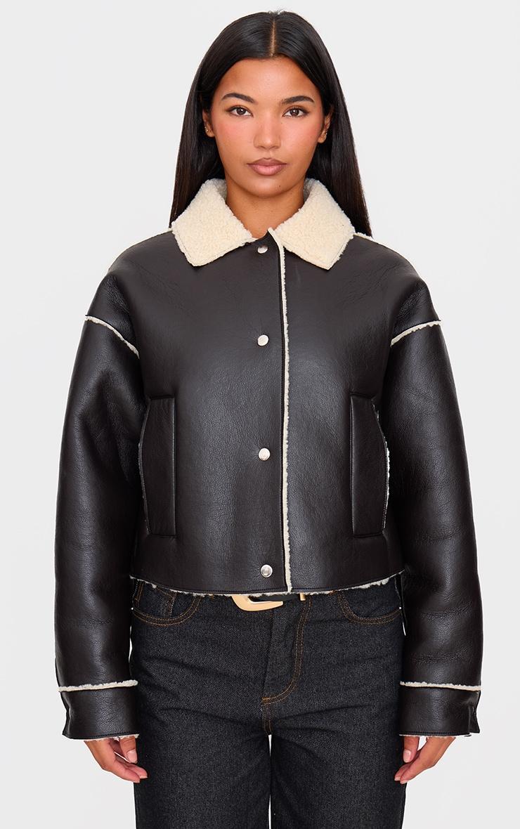 Black Textured Faux Leather Borg Trim Cropped Coat Product Image