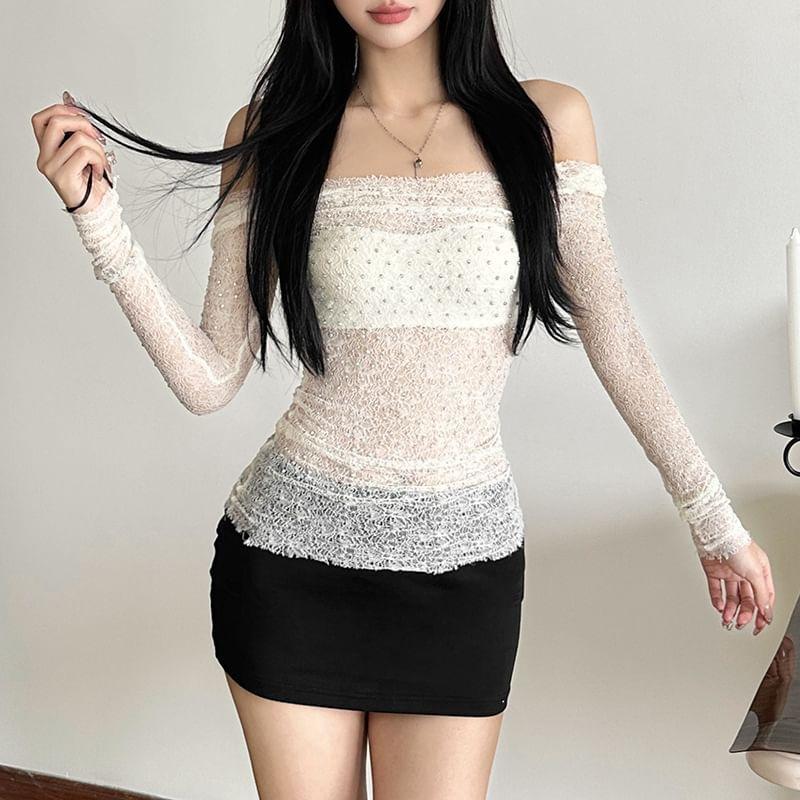 Long Sleeve Plain Glitter Open-Back Slim-Fit Top Product Image