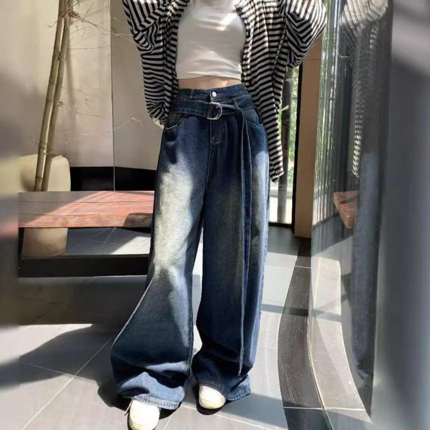 High Waist Belt Accent Washed Loose-Fit Wide-Leg Jeans Product Image